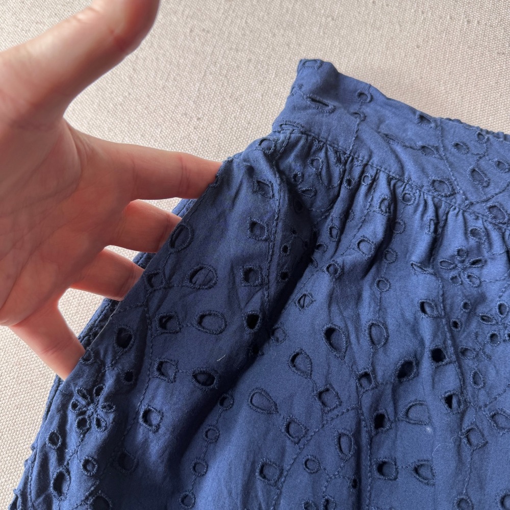 Loft Womens Blue Cotton Eyelet Lace Button Front Midi Skirt Size 8 Scalloped Hem - Picture 5 of 10